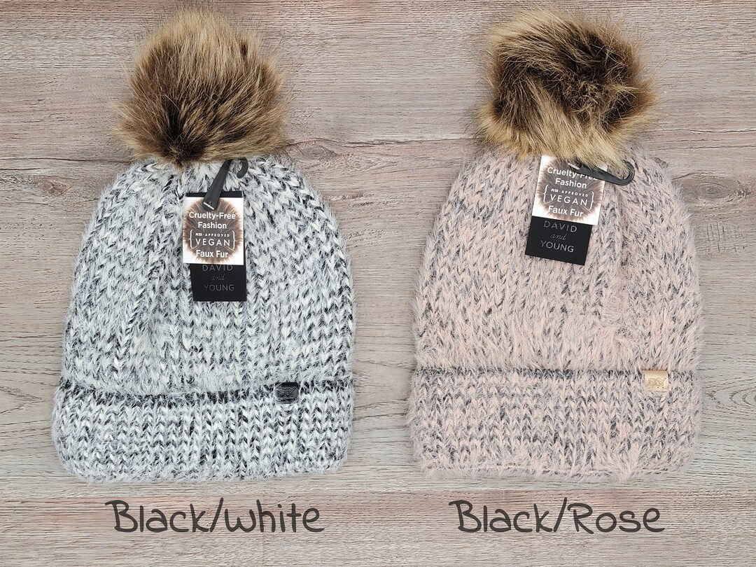 Fuzzy Knit Cuff Beanie With Vegan Faux Fur Pom - Etsy display picture 3