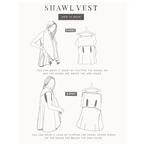 May include: A diagram showing two ways to wear a shawl vest. The first image shows the vest worn short with the seams above the armholes. The second image shows the vest worn long with the seams below the armholes. The text reads "SHAWL VEST" and "HOW TO WEAR".