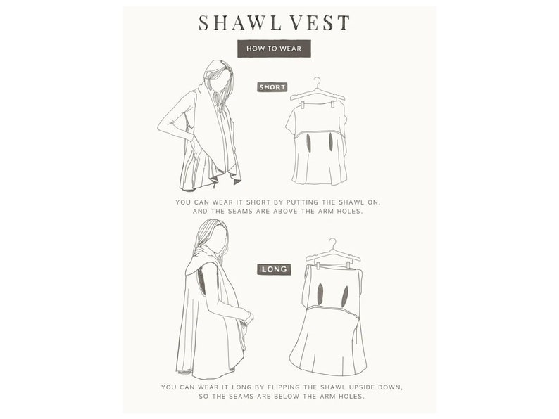 May include: A diagram showing two ways to wear a shawl vest. The first image shows the vest worn short with the seams above the armholes. The second image shows the vest worn long with the seams below the armholes. The text reads "SHAWL VEST" and "HOW TO WEAR".