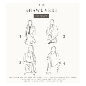 May include: A diagram showing four different ways to wear a shawl vest. The text reads "The Shawl Vest, How to Wear".