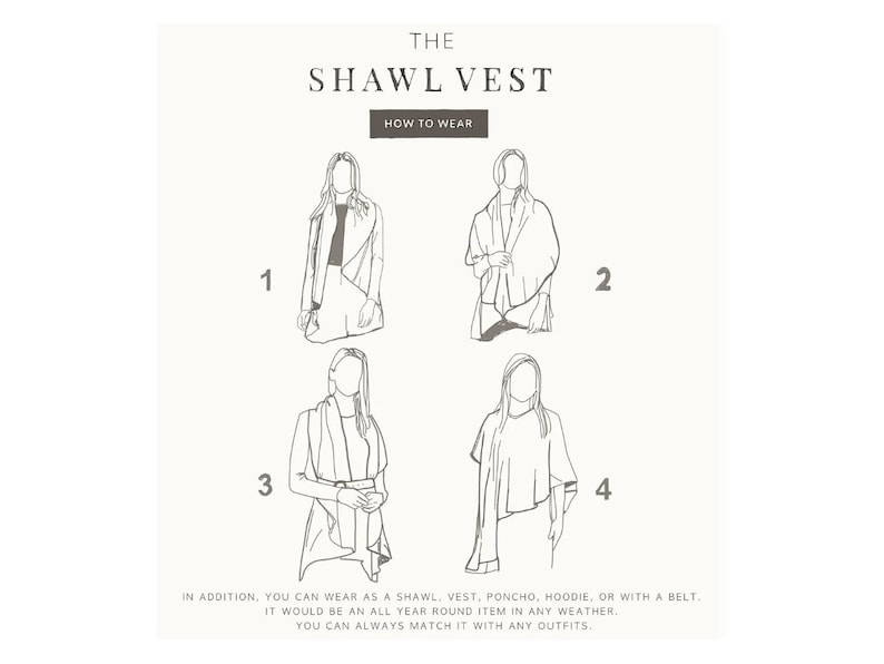 May include: A diagram showing four different ways to wear a shawl vest. The text reads "The Shawl Vest, How to Wear".