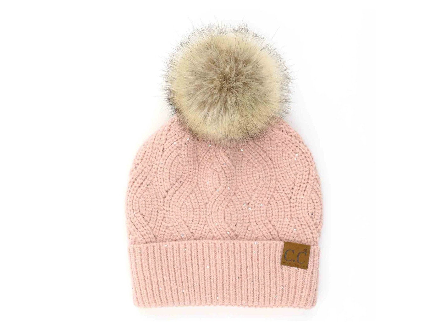 C.C Brioche Cable Knit Hat: Sequin Pom Beanie, Faux Fur Pom  display picture 1