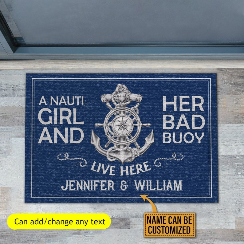 blue color doormat with felt-like polyester top and foam rubber backing, printed name and your own message