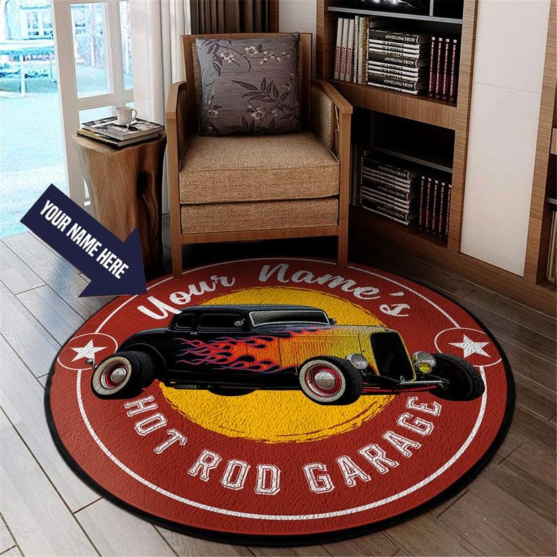 Personalized Vintage Hot Rod Garage Round Rug Round Area Mat Etsy
