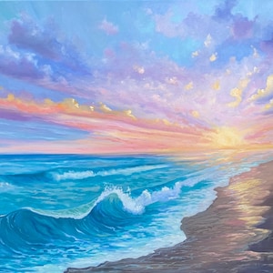 Original Beach Sunset Oil Painting: Ocean Waves, 30x40