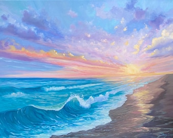 Original Ölgemälde Strand Sonnenuntergang: Meereswellen, 30x40