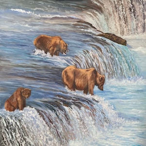 It’s the little bear for me.  Original oil Painting of Alaskan Brown Bears fishing.