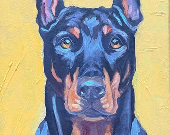『ドーベルジェントルマン』 絵画 油彩画　オリジナル　原画　犬 キャンバスに描かれたドーベルマンのオリジナル油絵、犬の肖像画の壁