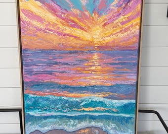 Original Beach Sunset/Sunrise Oil Painting Ocean Waves, 24x36