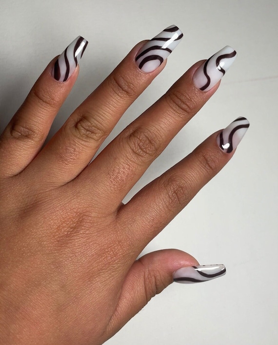 Brown Line art Press on Nails