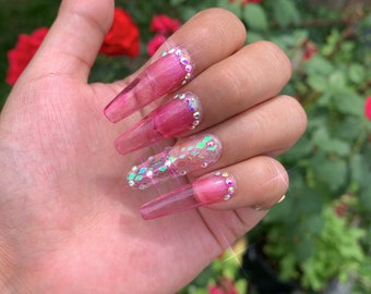 Pink Jelly Rhinestone Nails | Press on nails