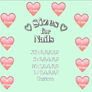 May include: A light green background with pink heart shapes displaying nail sizes in millimeters. The text "Sizes for Nails" is in the center, with size charts for XS, S, M, L, and custom sizes.
