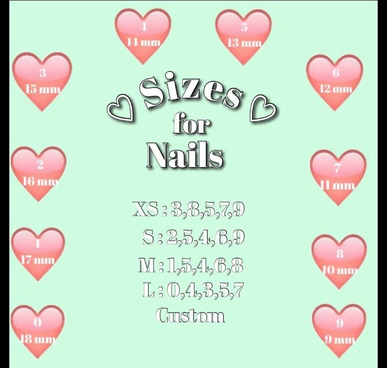 May include: A light green background with pink heart shapes displaying nail sizes in millimeters. The text "Sizes for Nails" is in the center, with size charts for XS, S, M, L, and custom sizes.