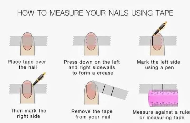 May include: Diagram illustrating how to measure nails using tape. Instructions include placing tape, pressing sidewalls, marking sides with a pen, removing tape, and measuring with a ruler. Text reads: "HOW TO MEASURE YOUR NAILS USING TAPE."