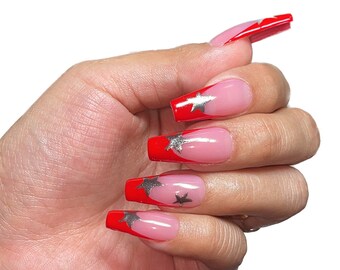 Chrome Star Red French Tip Nails