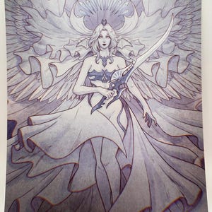 May include: A detailed illustration of a figure with large, feathered wings and a flowing gown, holding a sword. The artwork is primarily in shades of gray and white, with intricate linework and a fantasy theme.