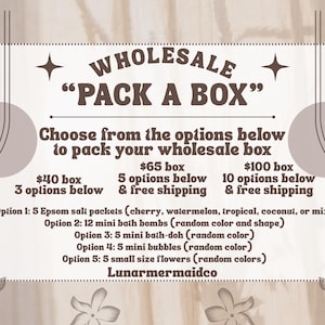 May include: A wholesale sign with the text "PACK A BOX" in a vintage style. The sign lists options for wholesale boxes, including Epsom salt packets, bath bombs, bath-doh, bubbles, and small flowers. The sign is on a beige background.