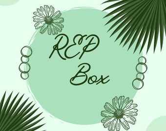 May include: A square graphic with a light green background features the text "REP Box" in dark green script. The design includes daisy illustrations, palm leaves, and the text "LUNARMERMAIDCO" at the bottom.