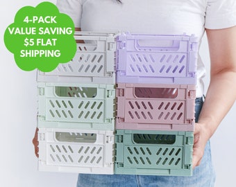 SMALL Color Storage Crate | Set of 4 | Pastel Foldable Stackable Storage Basket |Storage & Organization | WFH Office Spring Cleaning