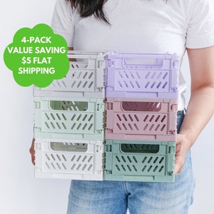SMALL Color Storage Crate Set of 4 Pastel Foldable Stackable Storage Basket Storage & Organization WFH Office Spring Cleaning Multi-Colors
