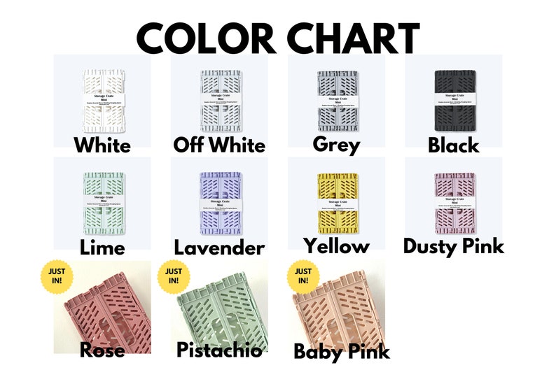 Puede incluir: Carta de colores que muestra 11 colores diferentes de cajas de almacenamiento plegables. Los colores son: blanco, blanco roto, gris, negro, lima, lavanda, amarillo, rosa polvoriento, rosa, pistacho y rosa beb&eacute;.