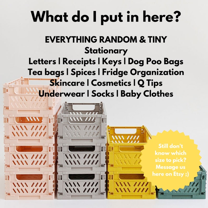 Puede incluir: Cuatro contenedores de almacenamiento de pl&aacute;stico apilables en diferentes tama&ntilde;os y colores. Los contenedores son rosa, gris, amarillo y verde. Los contenedores est&aacute;n etiquetados con el texto "&iquest;Qu&eacute; pongo aqu&iacute;?" y "Todo aleatorio y peque&ntilde;o". El texto tambi&eacute;n enumera art&iacute;culos que se pueden guardar en los contenedores, como cartas, recibos, llaves, bolsas para excrementos de perro, bolsitas de t&eacute;, especias, organizaci&oacute;n de la nevera, cuidado de la piel, cosm&eacute;ticos, bastoncillos de algod&oacute;n, ropa interior, calcetines y ropa de beb&eacute;.