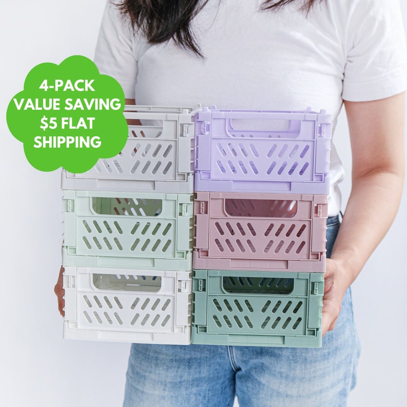 SMALL Color Storage Crate Set of 4 Pastel Foldable Stackable Storage Basket Storage & Organization WFH Office Spring Cleaning Multi-Colors