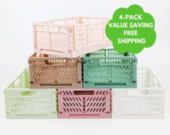 MEDIUM Pastel Color Plastic Storage Crate | Set of 4 | Foldable Stackable | Storage And Organization | Stationary Kids Storage Holiday Gift