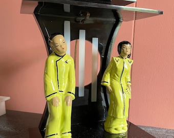 vintage MOSS LAMP with lucite base pair of figurines 1940s 1950s Mid-Century Asian acrylic plexiglass