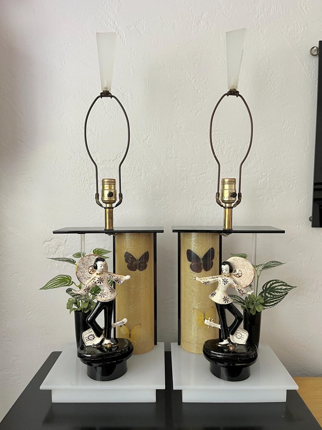 Vintage Moss Lamp SPINNER Pair Lefton Asian Figurines Butterfly