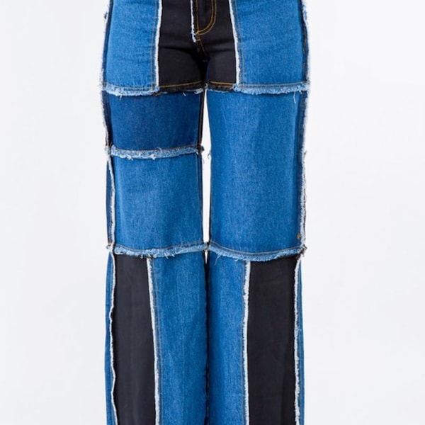 Patch work two tone jeans