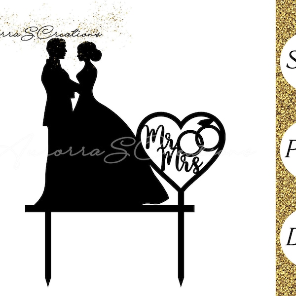 Wedding Cake Topper SVG, Bride and Groom Topper Svg, Mr&Mrs Svg, Cricut Svg, Laser Cut SVG, DIY Cake Topper Svg, Wedding Dress Svg