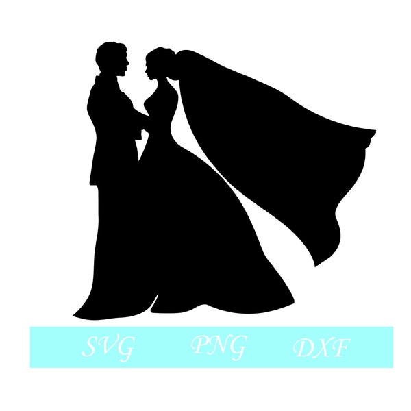 Bride and Groom SVG, Wedding SVG, Bride with Long Veil SVG, Wedding Silhouette Svg, Wedding Cricut Svg,D xf, Png and Svg Files Included,