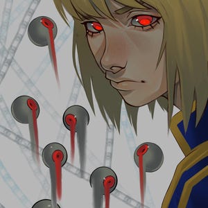 May include: Digital illustration of a person with blonde hair and red eyes, looking down. The person is wearing a blue and gold outfit. Gray orbs with red streaks are floating in the background, connected by chains.