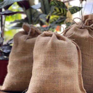 May include: Three brown burlap bags with drawstrings, sitting on a wooden surface.