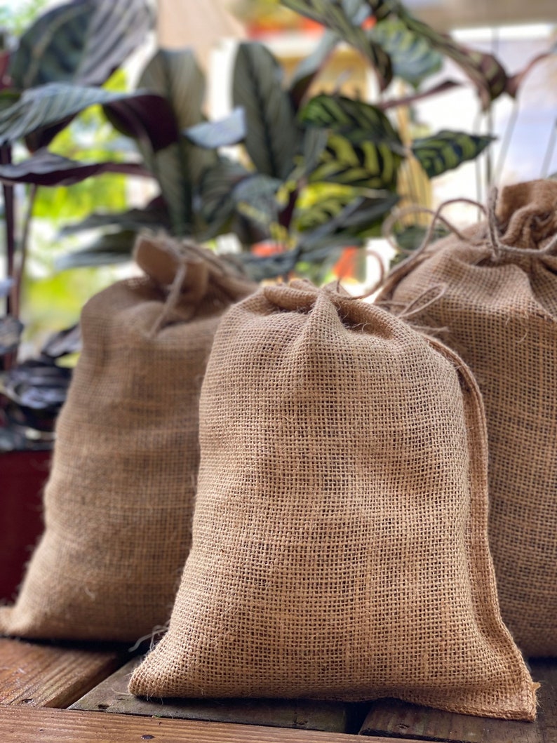 May include: Three brown burlap bags with drawstrings, sitting on a wooden surface.
