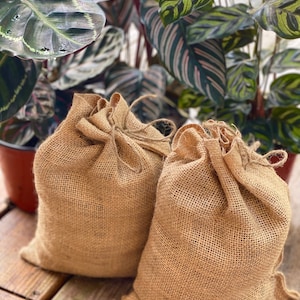 May include: Two brown burlap bags with drawstrings, sitting on a wooden surface. The bags are empty and ready to be filled.