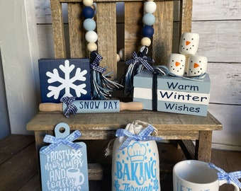 Navy Winter Time Decor Bundle, Set of 3, Winter Tiered Tray, Winter Garland, Rolling Pin, wooden tag, mini sign