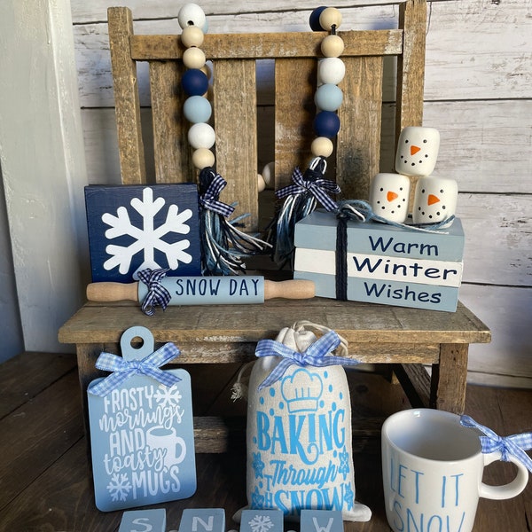 Navy Winter Time Decor Bundle, Set of 3, Winter Tiered Tray, Winter Garland, Rolling Pin, wooden tag, mini sign