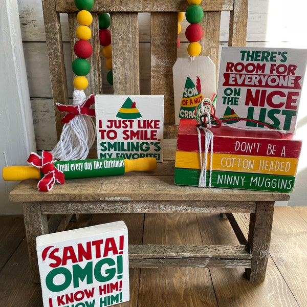 Elf  Decor Bundle, Set of 3, Christmas Tiered Tray, Christmas Garland, Rolling Pin, wooden tag, mini sign