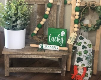 St. Patrick&#39;s Day Decor Bundle, Shamrock, Set of 3, Tiered Tray, St Patrick&#39;s Day Garland, Rolling Pin, wooden tag, mini sign