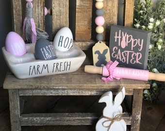 Easter Bunny Decor Bundle, Happy Easter, Set of 3, Easter Tiered Tray, Bunny Garland, Rolling Pin, wooden tag, mini sign