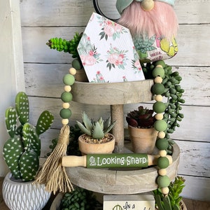 May include: A tiered wooden tray decorated with a green and beige beaded garland, a wooden rolling pin with the text "Looking Sharp", and three small potted succulents. The tray also features a wooden sign with the text "In a world full of delicate flowers be a cactus".