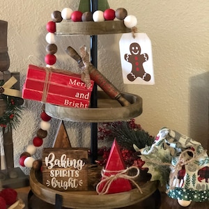 Christmas Decor Bundle, Gingerbread, Set of 3, Christmas Tiered Tray, Christmas Garland, Rolling Pin, wooden tag, mini sign