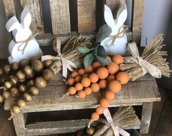 Wood bead carrots, carrot tiered tray decor, Easter tiered tray decor, Farmhouse Decor