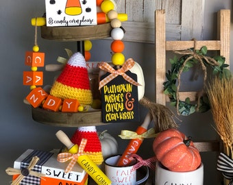 Candy Corn Decor Bundle, Set of 3, Thanksgiving Tiered Tray, Fall Garland, Rolling Pin, wooden tag, mini sign, Halloween