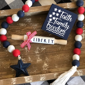 Faith Family Freedom Decor Bundle, Patriotic , Set of 3, 4th of July Tiered Tray, Star Garland, Liberty Rolling Pin, wood,  mini sign