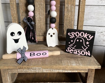 Pink Ghost Decor Bundle, Halloween, Set of 3, Ghost Tiered Tray, Ghost Garland, Rolling Pin, wooden tag, mini sign
