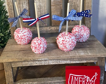 Faux Mini Candy Apples | Chocolate Faux Candy Apple with Crushed Flakes | 4th of July Tiered Tray Decor | Coffee Bar | Patriotic