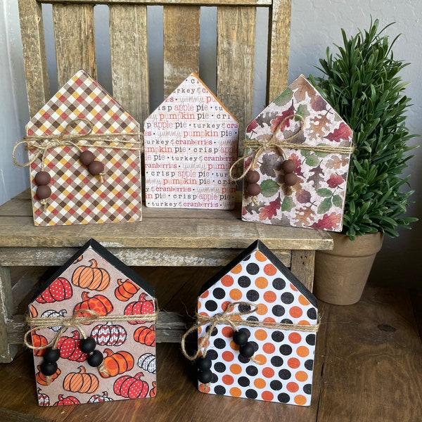 Mini Wooden House Sign - Rae Dunn Inspired Home Sign - Farmhouse Sign-Fall - Halloween - Pumpkin - Leaves- Polka Dot